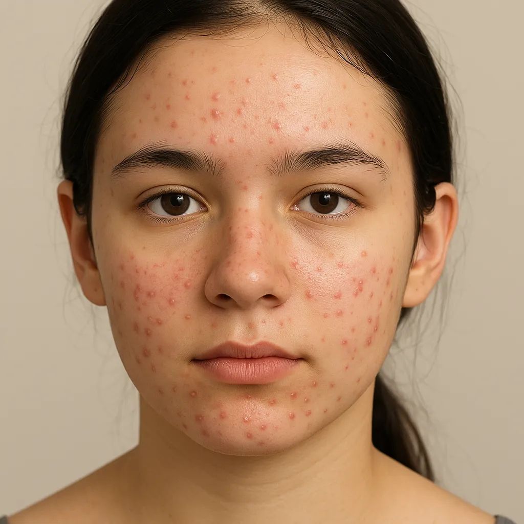 Adolescente com lesões leves de acne espalhadas pela testa e pelas bochechas