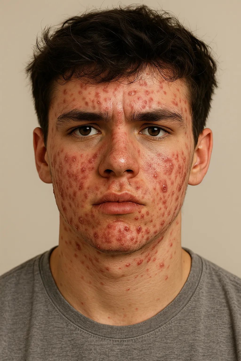 Jovem com acne inflamatória no rosto, com pápulas e pústulas na testa e nas bochechas
