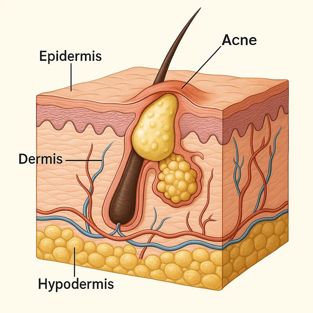 Ilustração em corte das camadas da pele (epiderme, derme e hipoderme), com um folículo piloso obstruído por sebo