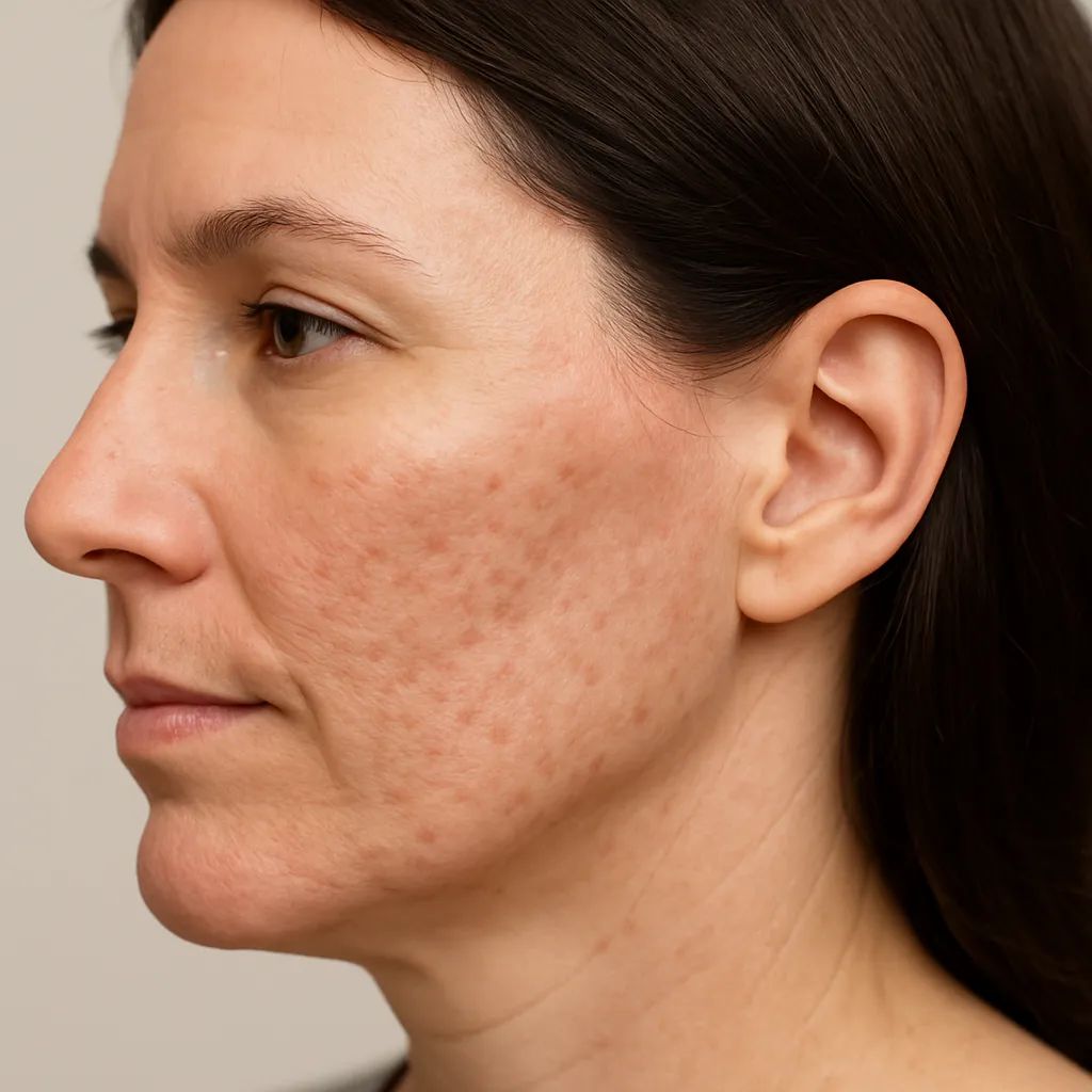 Mulher adulta, de perfil, com marcas e manchas de acne na bochecha