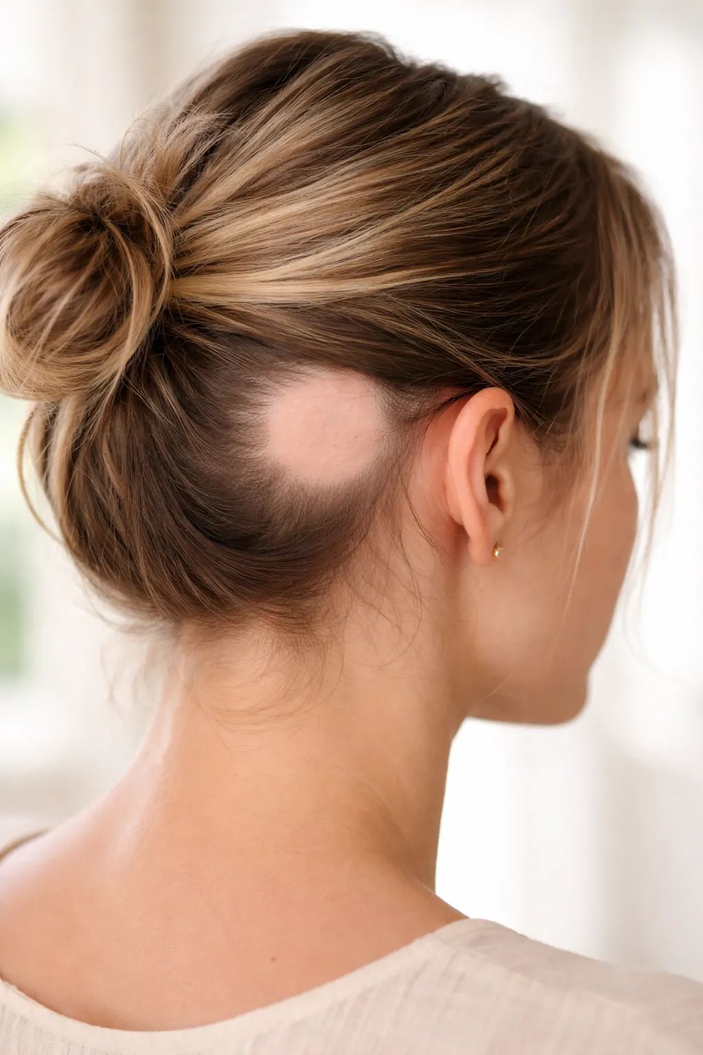 Mulher de costas, com o cabelo preso, mostrando uma falha arredondada de cabelo na nuca, típica da alopecia areata