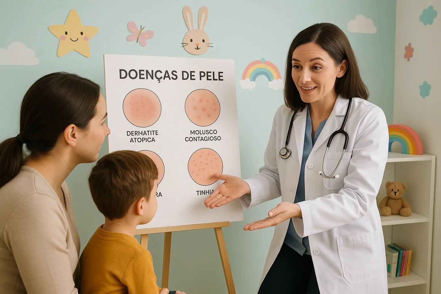 Dermatologista explica um painel sobre doenças de pele infantis para uma mãe e o filho no consultório