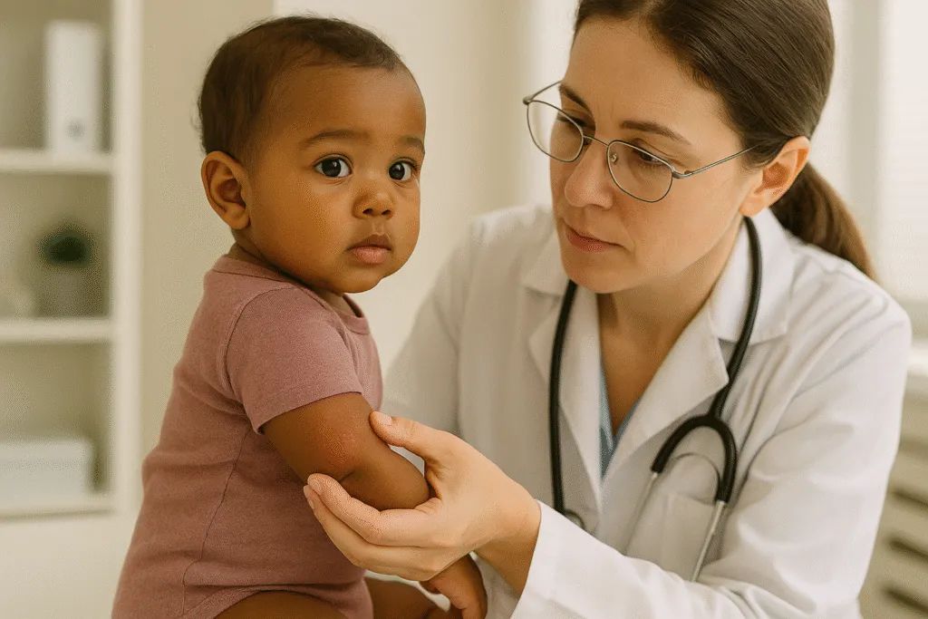 Dermatologista examina o braço de um bebê no colo durante a consulta