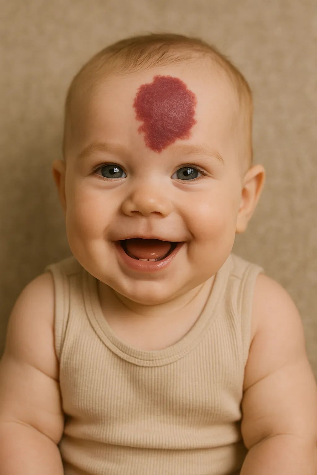 Bebê sorridente com um hemangioma vermelho-arroxeado na testa