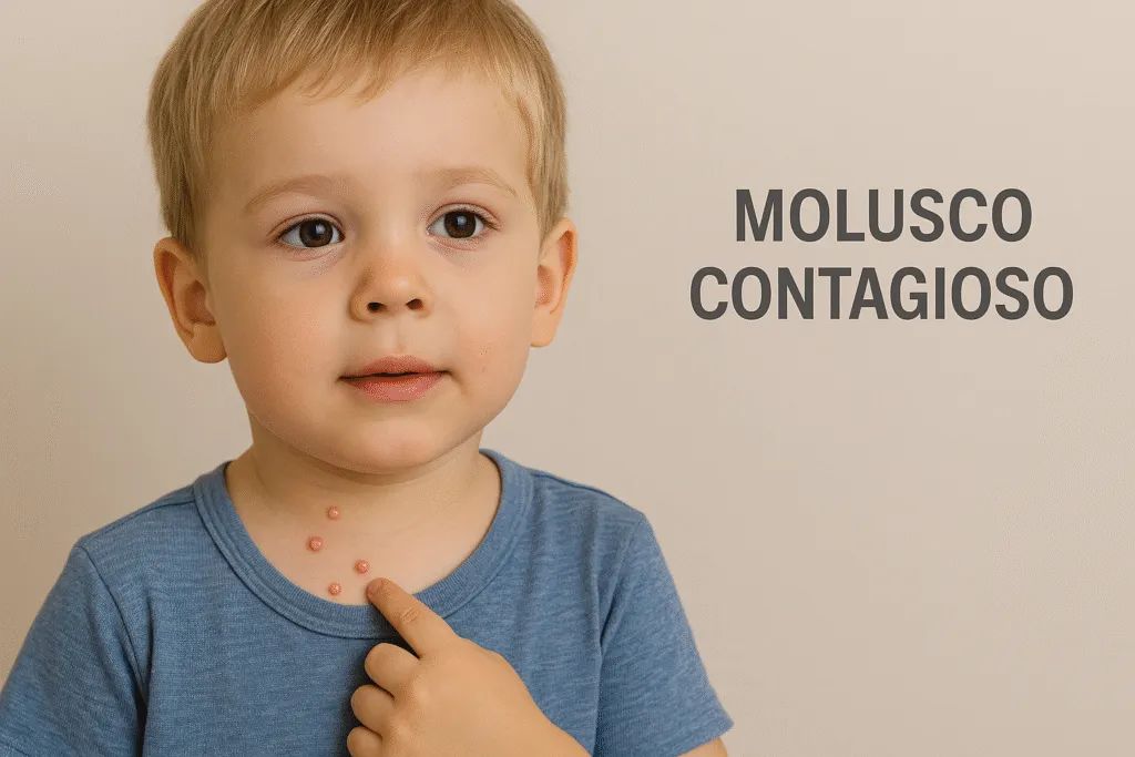 Menino com pequenas pápulas de molusco contagioso no pescoço e no peito